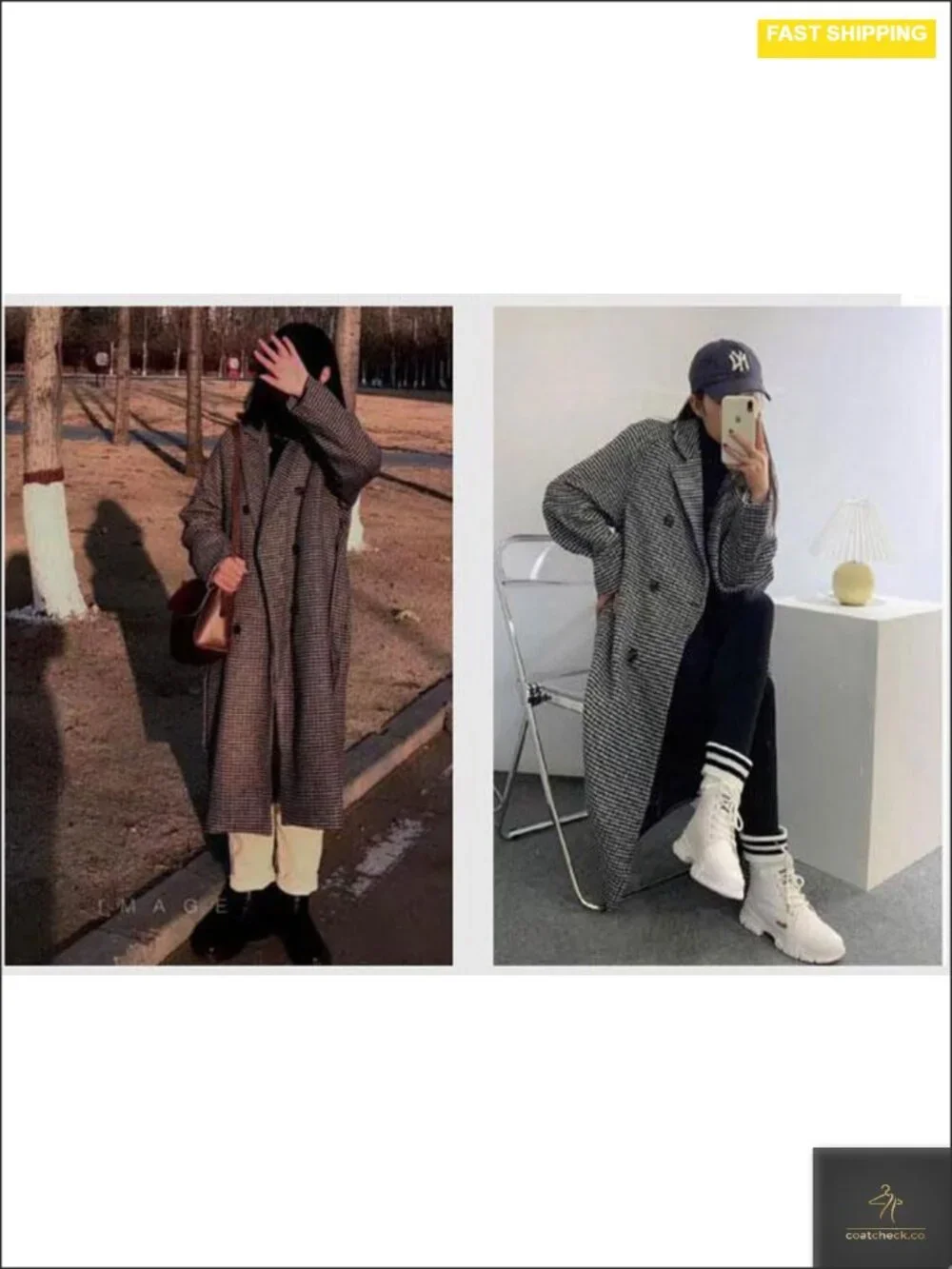 Women's Plaid Tweed Blazer Trench Coat Double Breasted Belted Midi Pea Coat